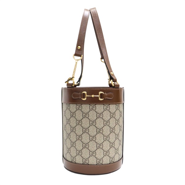 棕色  GG Supreme帆布 牛皮 Horsebit 1955 水桶包 手提包【GUCCI 古馳】 637115