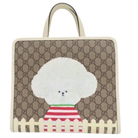 白色牛皮飾邊 PVC帆布 比熊犬 印花GG 手提包【GUCCI 古馳】 605614
