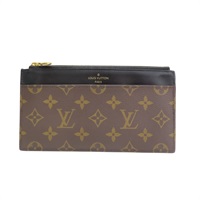 棕色 原花帆布 黑色牛皮 Slim purse 拉鍊長夾 金扣【LOUIS VUITTON LV 路易威登】 M80348