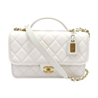 白色 菱格紋 荔枝牛皮 學院郵差包 鏈帶 肩背包 金釦【CHANEL 香奈兒】 AS3653