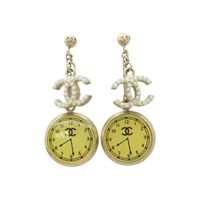 金色 金屬 珍珠 時鐘造型 針式耳環【CHANEL 香奈兒】