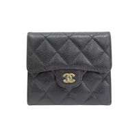 黑色 荔枝紋牛皮 三折短夾 金扣【CHANEL 香奈兒】 AP0231