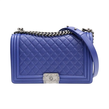 藍色 菱格紋 牛皮 Boy 28 鍊帶 肩背包 銀釦【CHANEL 香奈兒】 A92193