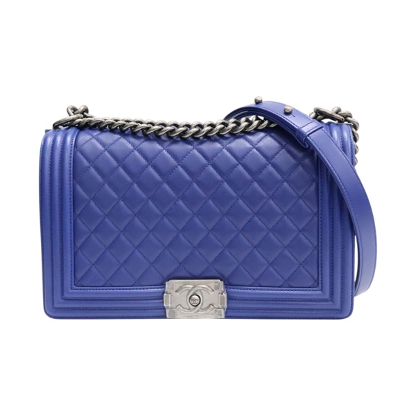 藍色 菱格紋 牛皮 Boy 28 鍊帶 肩背包 銀釦【CHANEL 香奈兒】 A92193
