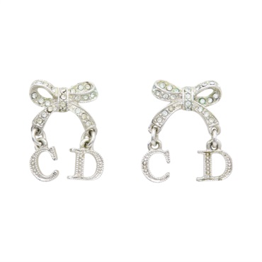 銀色鍍金 水鑽 CD 蝴蝶結 耳環【Dior 迪奧】 D60051