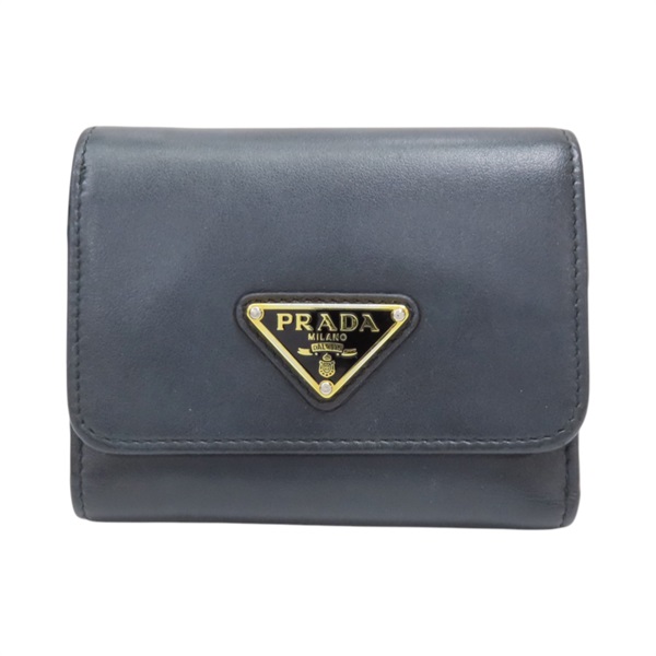 黑色 牛皮 三角 三折 短夾【PRADA 普拉達】 1MH043