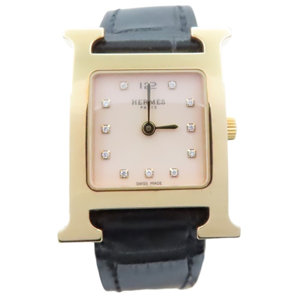 粉色錶盤 黑色皮帶 不銹鋼 鑽石 H Watch 11PD 腕錶【HERMES 愛馬仕】 HH1.202c