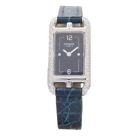 黑色錶盤 深藍色皮帶 不鏽鋼 鑽框 Nantucket 腕錶【HERMES 愛馬仕】 NA2.133