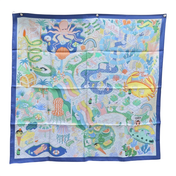 藍色 絲綢 Splash Park 雙面 方巾 90x90【HERMES 愛馬仕】 H903806S 02