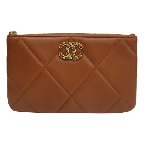 棕色 菱格紋 羊皮 CHANEL19 poach 拉鍊長夾【CHANEL 香奈兒】
