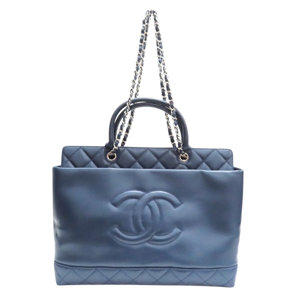 藍色 荔枝紋 牛皮 CC Top Handle Tote 兩用包 銀釦【CHANEL 香奈兒】 A66814