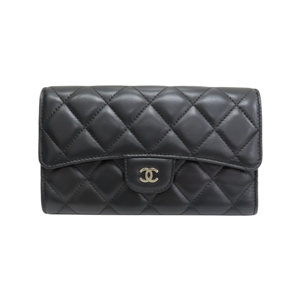 黑色 菱格紋 羊皮 Classic long wallet 銀扣 三折長夾 (無卡)【CHANEL 香奈兒】 AP0241