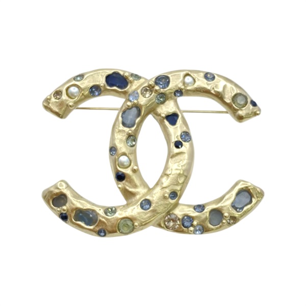淺金色 鍍金 水鑽 珍珠 雙C 胸針【CHANEL 香奈兒】