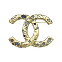 淺金色 鍍金 水鑽 珍珠 雙C 胸針【CHANEL 香奈兒】