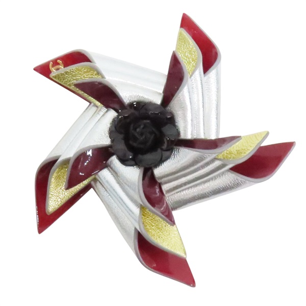 銀/紅/金色 皮革 山茶花 胸針【CHANEL 香奈兒】