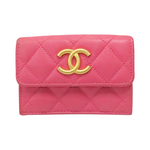 粉色 菱格紋 荔枝牛皮 三折扣式短夾 金釦【CHANEL 香奈兒】 AP3518