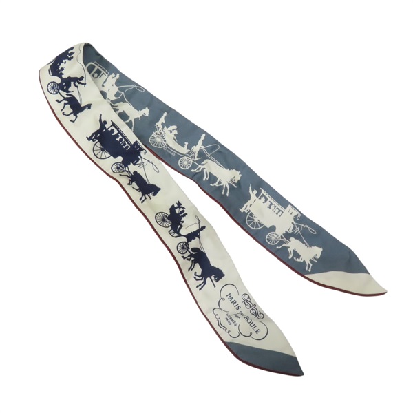 白/淺藍 絲綢 馬車 Paris Qui Roule典藏 Twilly 絲巾【HERMES 愛馬仕】 H064315S