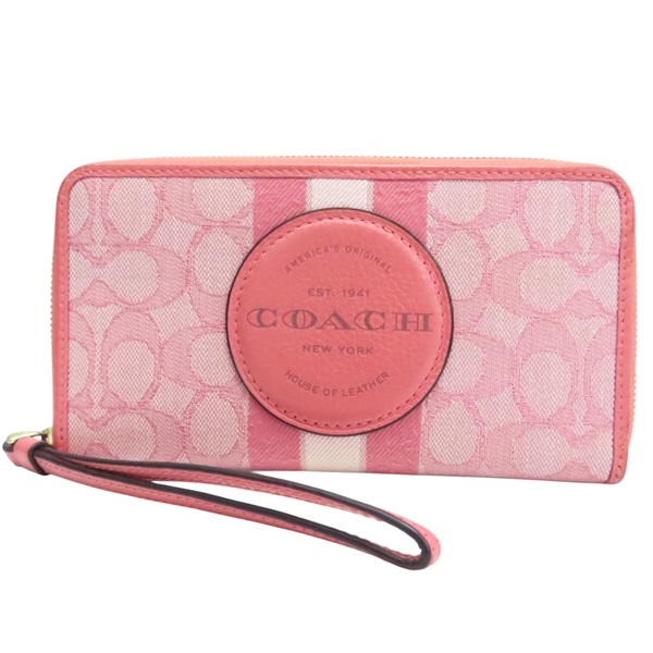 粉色 緹花帆布 拉鍊長夾【COACH 寇馳】