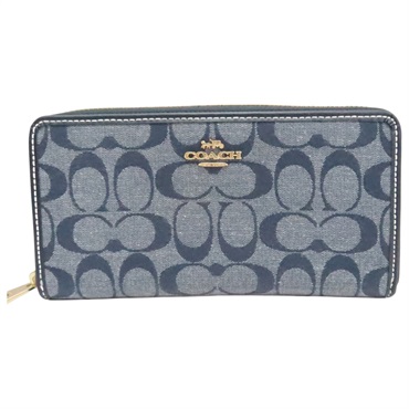 藍色 緹花帆布 拉鍊長夾【COACH 寇馳】