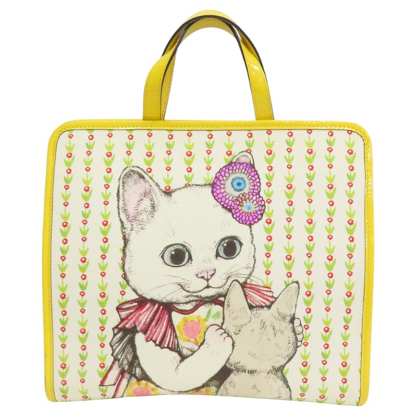 帆布 貓咪圖案 黃色漆皮飾邊 樋口裕子聯名 兒童手提包【GUCCI 古馳】 605614