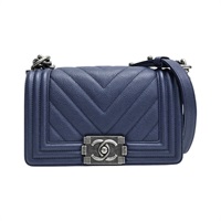 藍色 山型壓紋 牛皮 Boy 20 鍊帶 肩背包 銀釦【CHANEL 香奈兒】 A67085