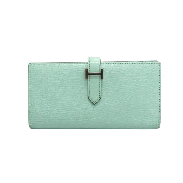 馬卡龍藍綠色 Chevre山羊皮 Bearn 兩折 長夾 A刻 銀釦【HERMES 愛馬仕】