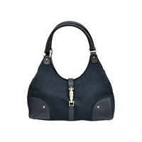 深藍色 緹花帆布 牛皮飾邊 Jackie GG 肩背包【GUCCI 古馳】 124407