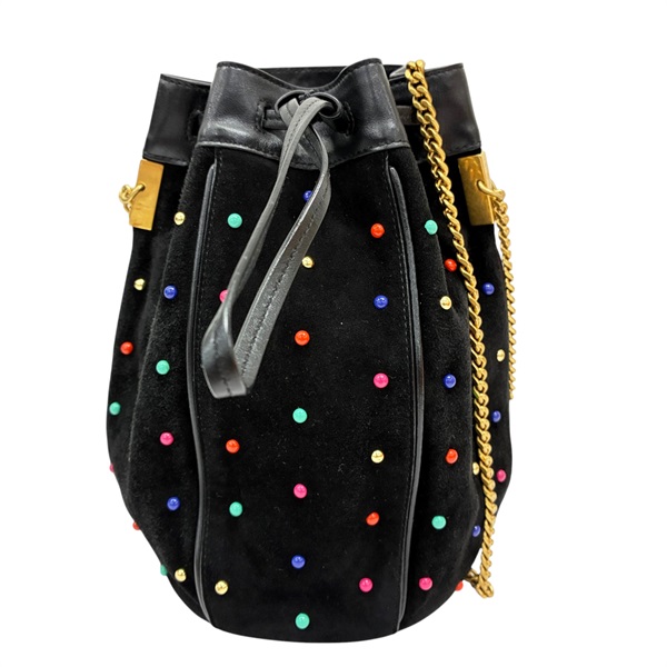 黑色 絨布 彩色圓鉚釘 水桶 肩背包【SAINT LAURENT 聖羅蘭】 565205