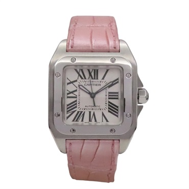 銀色錶盤 粉色皮帶 不鏽鋼 Santos 100 腕錶【Cartier 卡地亞】 W20126X8