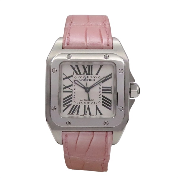 銀色錶盤 粉色皮帶 不鏽鋼 Santos 100 腕錶【Cartier 卡地亞】 W20126X8