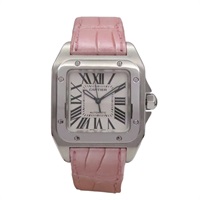 銀色錶盤 粉色皮帶 不鏽鋼 Santos 100 腕錶【Cartier 卡地亞】 W20126X8