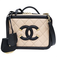 粉膚/黑色 荔枝紋 牛皮 CC Filigree Vanity Case 鏈帶肩背包 (無卡)【CHANEL 香奈兒】 A93343