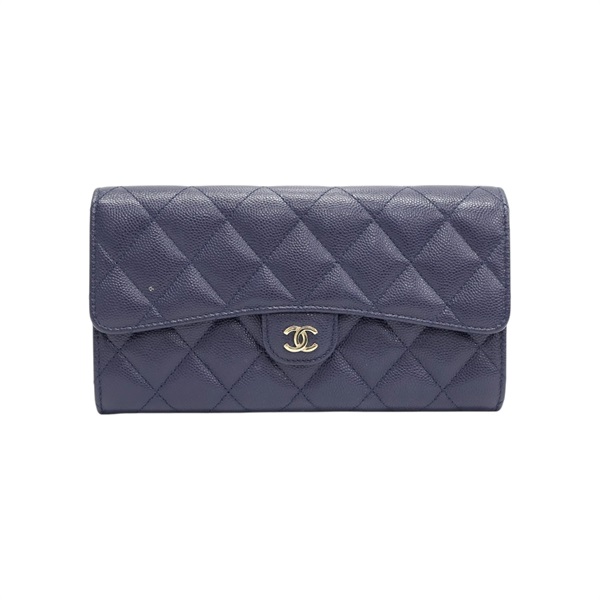 藍色牛皮 Classic Long Flap 扣式 長夾 AP0241【CHANEL 香奈兒】 AP0241