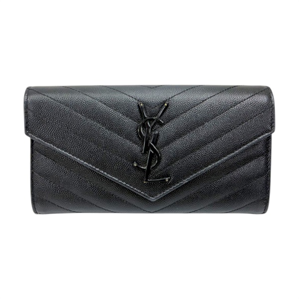 黑色 粒面壓紋 牛皮 MATELASSE大型 翻蓋錢包 扣式 長夾【SAINT LAURENT YSL 聖羅蘭】 372264