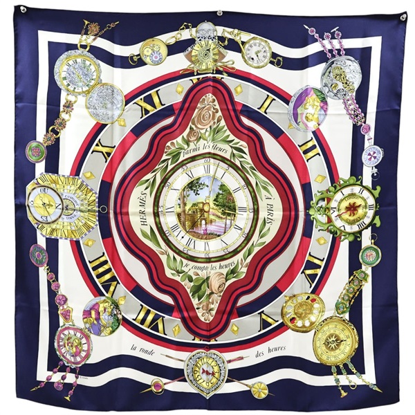 深藍色 Parmi les Fleurs Je Compte les Heures 絲綢 絲巾 90x90【HERMES 愛馬仕】