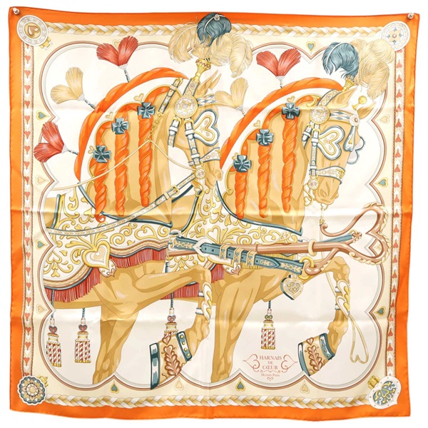 橘色 Harnais de Coeur 絲綢 絲巾 90x90【HERMES 愛馬仕】