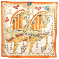 橘色 Harnais de Coeur 絲綢 絲巾 90x90【HERMES 愛馬仕】