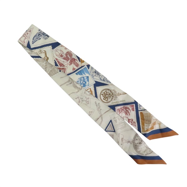 米白 /藍色 絲綢 Le Philateliste du Faubourg Twilly 絲巾【HERMES 愛馬仕】