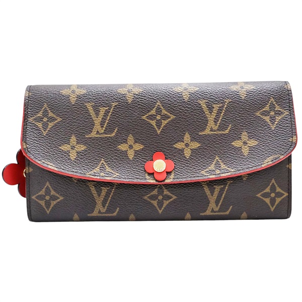 棕/紅色 原花 帆布 Portefeuille Emily 釦式長夾【LOUIS VUITTON LV 路易威登】 M62941