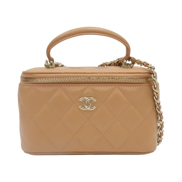 淺褐色 菱格紋 羊皮 Vanity Case 化妝 鍊帶 肩背包【CHANEL 香奈兒】 AP2199