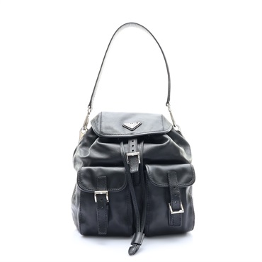 黑色 牛皮 Double Pocket Drawstring 肩背包【PRADA普拉達】