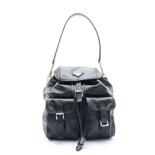 黑色 牛皮 Double Pocket Drawstring 肩背包【PRADA普拉達】
