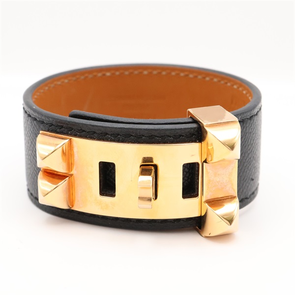 黑色 Madame牛皮 金色鍍金 Collier de Chien 窄版手環 B刻【HERMES 愛馬仕】 H079501CC