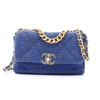 藍色 粗花呢 19 口蓋包 鍊帶 肩背包 金扣【CHANEL 香奈兒】 AS1160