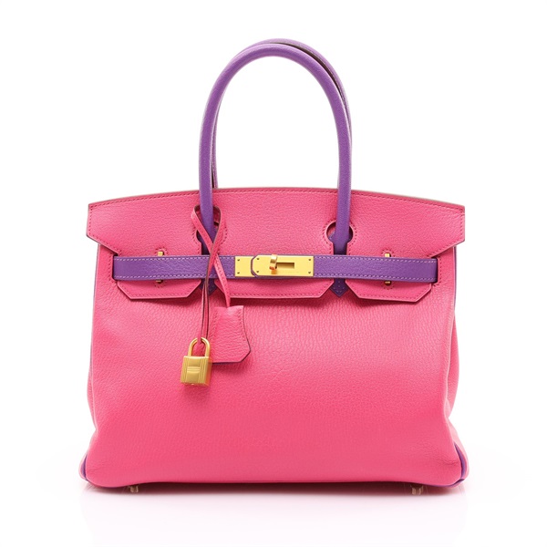 糖果粉/紫色 雙色 Chevre 山羊皮 Birkin 30 鉑金包 手提包 口Q刻 金釦【HERMES 愛馬仕】