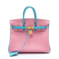 泡泡糖粉/湖水藍色 Chevre 山羊皮 Birkin 25 柏金包 手提包 T刻 金扣【HERMES 愛馬仕】