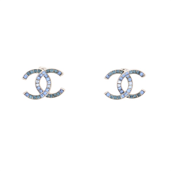 銀色金屬 藍色水鑽 COCO pierced 耳環【CHANEL 香奈兒】