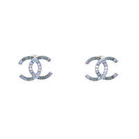 銀色金屬 藍色水鑽 COCO pierced 耳環【CHANEL 香奈兒】