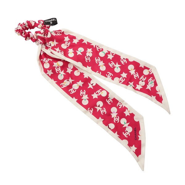 粉色 絲綢 絲巾 CC Logo Star Dot Silk Scarf Scrunchie 髮圈【CHANEL 香奈兒】