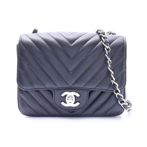 黑色 山形紋 牛皮 Mini Square Flap 鍊帶 肩背包 無卡【CHANEL 香奈兒】 A35200
